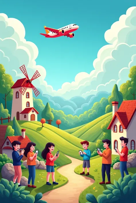 Cartoon Beautiful scenery with buildings, airplane, windmill, with a people using social media in landscape form