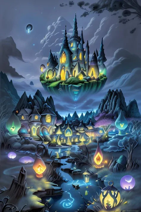 Surrealism fairy tale village, surreal cottages, surreal glowing lanterns, surreal floating fluffy clouds, surreal dreamy nighttime scene, surreal stone pathway, surreal serene pond, surreal fantasy landscape, surreal enchanted atmosphere, intricate detail...