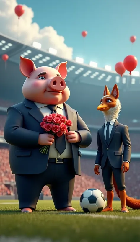 A muscular pig, puffed out chest, black suit, holding flowers, inside a soccer stadium, next to a muscular rooster bird, black suit, next to a blue male fox, muscular, puffed out chest, black suit, next to a muscular vulture bird, puffed out chest, black s...