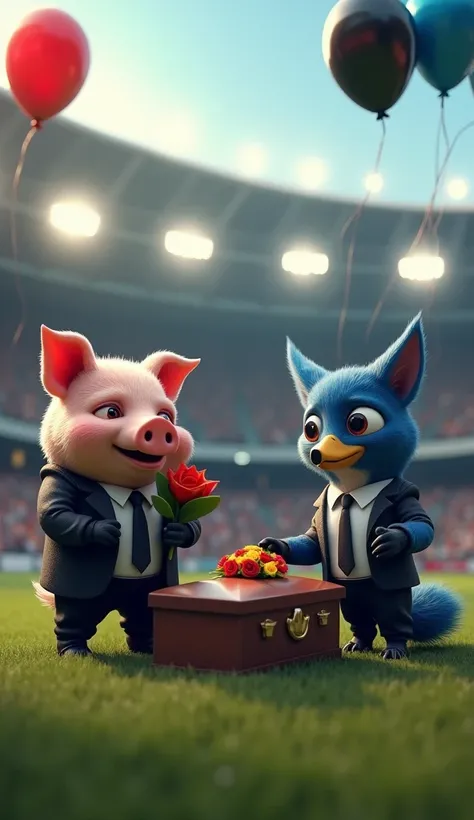 A muscular pig, puffed out chest, black suit, holding flowers, inside a soccer stadium, next to a muscular rooster bird, black suit, next to a blue male fox, muscular, puffed out chest, black suit, next to a muscular vulture bird, puffed out chest, black s...