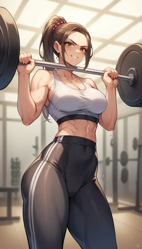 score_9, score_8_up, score_7_up, breasts, a dynamic image of a young woman in a gym setting. she has an athletic build with a de...