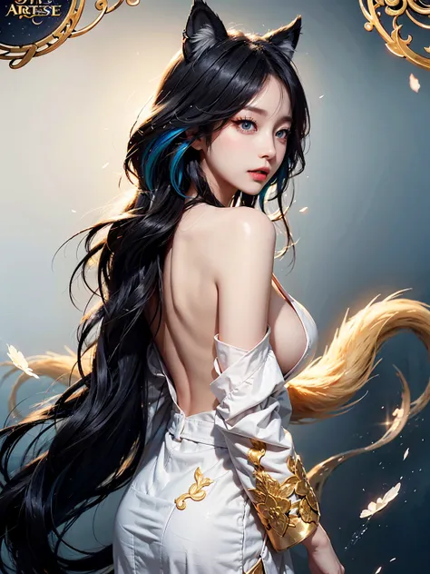 (A Divine Beast), Nine-Tailed Demon Fox, foxes ear, animal ears, animal tails, Dynamic Body Type, (Chinese Monster), beautiful, Splashed Ink, Chinese, 1girl, ((2.5D)), Floating Hair, Beautiful Eyes, Delicate Eyes, Delicate Silhouette, bare neck, bare nape,...