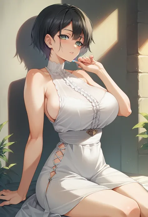 anime girl, abergonzada, by the run, big breasts, short hair, sexy clothes, sensual