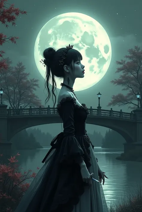 a Japanese girl, smoking a cigarette, wearing Victorian gothic clothing, leaning on a large bridge near the sea, looking at the starry sky on a full moon night, with maple trees in the background