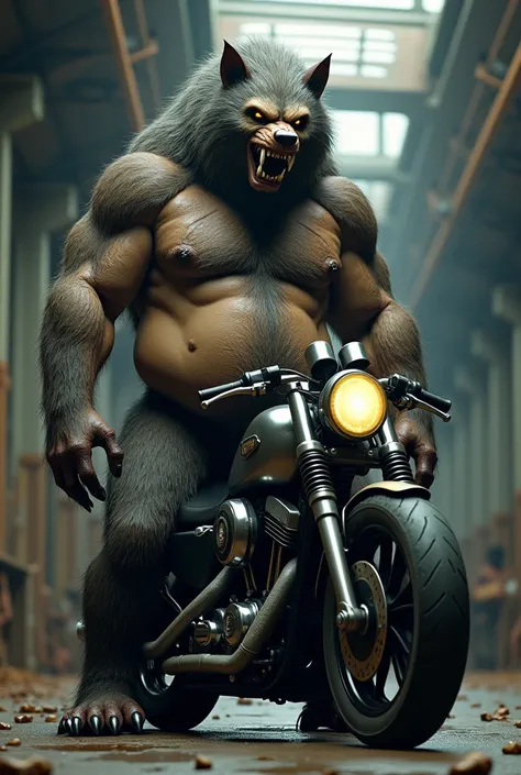 Ultra HD image of an obese naked werewolf man next to a bike, human-like face, NSFW