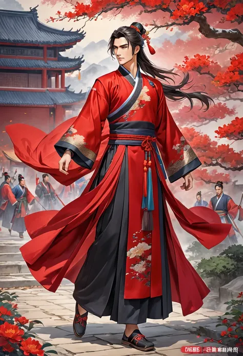 Romance of the Three Kingdoms Zhou Yu, Handsome, Clothes made of dopo, Full body exposed, Clothes made of fabric, traditional chinese dress, Dress well, Black and red clothes