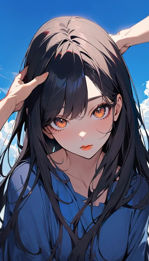 1woman, solo, long hair, black Hair, brown eyes, detailed eyes, light lips, 25years old, getting red in the face, cover ones face with ones hands,wear blue casual long dress, looking at viewer,  closed mouth, blue sky