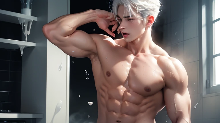 A young boy with white hair，fair skin，handsome，The triangle briefs are wet, so I took half of them off.，裸上半身Soaked in milk，Showing six-pack abs and chest muscles with water droplets on them，Soaked in milk，纖細長腿Soaked in milk，There is a big protrusion from b...