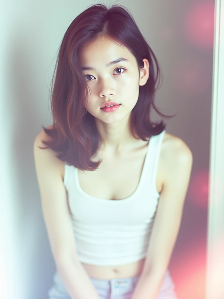 girl、 analog film photo, (Create a realistic and photorealistic photo image)、whole body、White tank top、Dimly lit place、Red light、Sitting、blur, tint, depth,