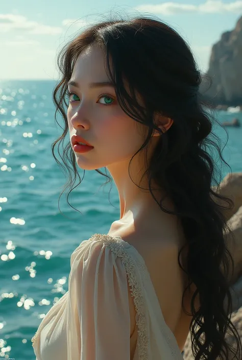 A woman with long curly black hair and green eyes and fair skin looking at the sea