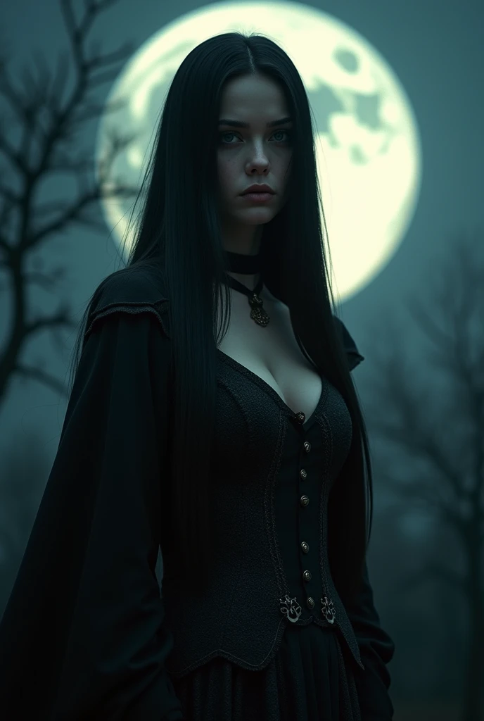 woman, long straight black hair, medium bust, dressed as a witch, at night, full moon in the background, looking at the camera, photorealistic