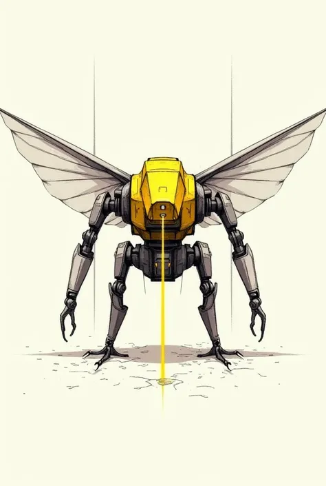 BLACK AND WHITE LINE SKETCH WITHOUT 2D FILL THAT LOOKS AT A ROBOT WITH THE FOLLOWING CHARACTERISTICS FROM THE FRONT AS IF IT WERE DRAWN IN A NOTEBOOK, simple, geometric : Metallic yellow color Low height Flies Has a laser beam in its eye Thick build Long l...