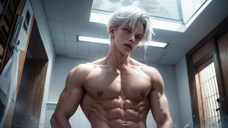 A young boy with white hair，fair skin，handsome，The triangle briefs are wet, so I took half of them off.，裸上半身Soaked in milk，Showing six-pack abs and chest muscles with water droplets on them，Soaked in milk，纖細長腿Soaked in milk，There is a big protrusion from b...