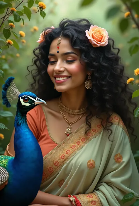 A bIndian woman with beautiful highly fair makeup wearing Indian traditional saree with curly fresh hippi hair with roses wearing feather of peacock with fair attractive face gentle loyal smile with full of joy surrounding by green scenery and a peacock 