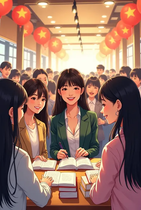 korean women、Book Launch、Book Signing、Confident Smile、Speech、Celebratory Atmosphere、manga style