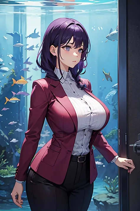 Purple haired huge breasted adult woman standing in front of an aquarium tank