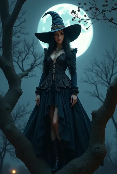 woman, long straight black hair, witch hat, medium bust, witch dress, at night, standing on a tree, full moon in the background, looking at the camera, photorealistic