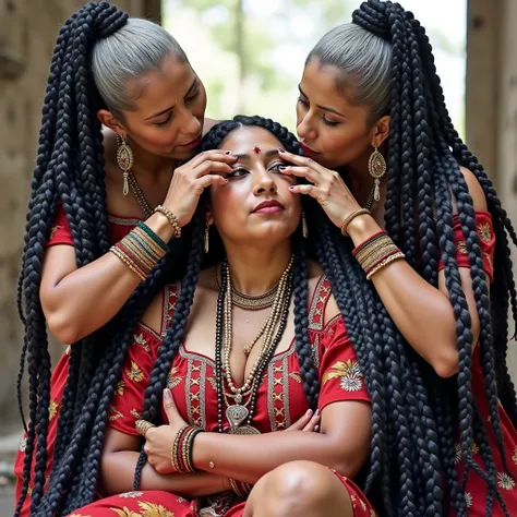 An unusual yet intriguing scene unfolds within the sacred precincts of an ancient Mayan temple. Three Mexican Mayan ladies, each at a different stage of life—youth, maturity, and elderliness—are adorned in vibrant, traditional Mayan dresses that contrast s...