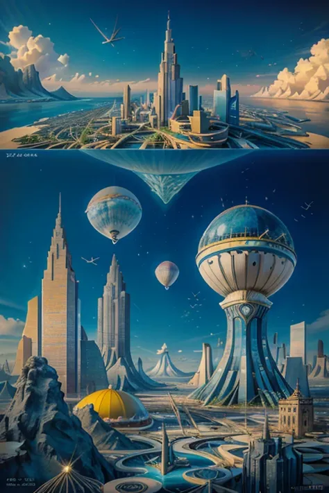 ( surrealism ) a surreal scene involving a floating 1900's city in the sky and a 1960's city under the sea, non euclidean geomet...