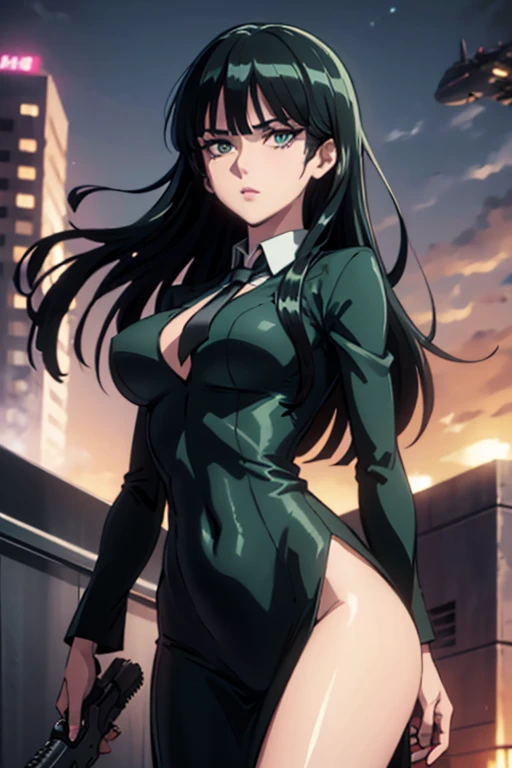 Highest quality、Ultra HD、One Woman、(Dark green long hair 1.3)、(White suit 1.3)、(Black Shirt)、(White tie)、(Black loafers 1.1)、((tall))、((Has a submachine gun))、(Large Breasts)、(Beautiful face with sharp eyes 1.2)、40-year-old woman、Slender body、(Night city b...