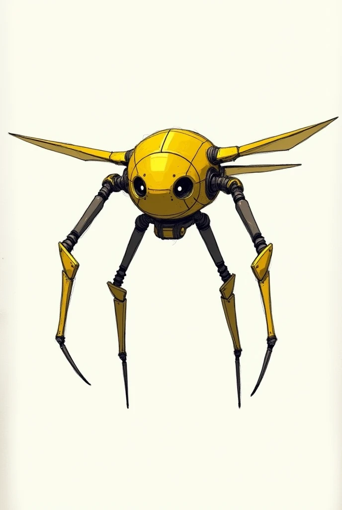 BLACK AND WHITE LINE SKETCH WITHOUT 2D FILL THAT LOOKS AT A ROBOT WITH THE FOLLOWING CHARACTERISTICS FROM THE FRONT AS IF IT WERE DRAWN IN A NOTEBOOK, simple, geometric : Metallic yellow color Low height Flies Thick build Long limbs
