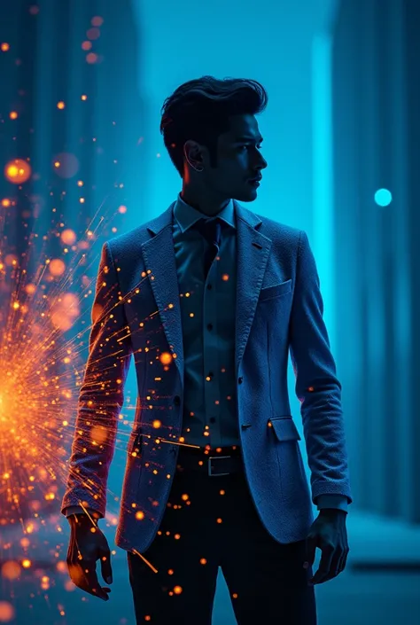 ashion editorial photography, medium shot of an asian man,Blue background,Orange contrast,Tech patterns, Dynamic silhouette, Virtual devices, Light effects and particles, Futuristic typography, Dynamic movement,Abstract geometry