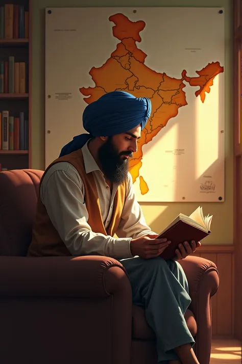 Sikh younger boy age 21 back side reading book room front wall design map of India 