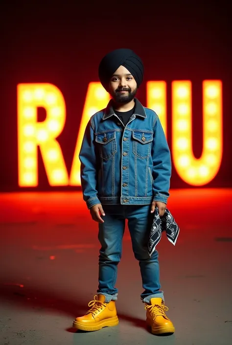 A  punjabi boy wear a black turban , big designing yellow shoes,DENIM JACKET ,HAND IN डिजाइनिंग HANDERKERCHIEF ,in a cool night ,see front camera , background lighting bold name "RAJU" 