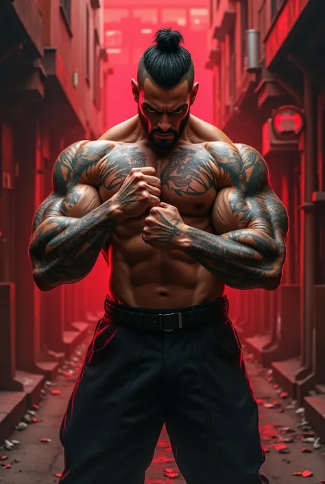 muscular man with black hair,detailed tattoos on arms,fighting stance,red and black clothing,red and black background,detailed facial features,intense expression,cinematic lighting,dramatic shadows,detailed musculature,realistic shading,gritty urban enviro...