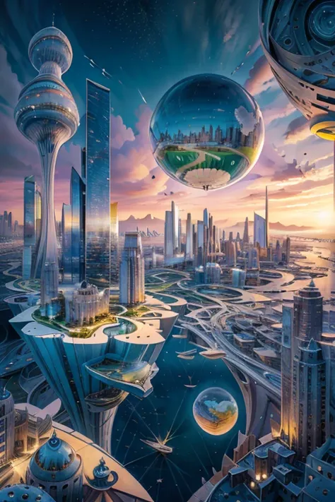 ( surrealism ) a surreal scene involving a floating 1900's city in the sky, and next to that city is a sideways city on the righ...