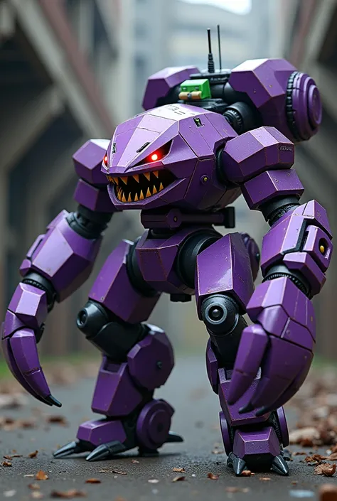 a highly highly detailed hexagonal prism robot with crab-like legs, red eyes, sharp teeth, a purple crab-shaped body, floating on air. claw hand. high tech design.. big bazooka on back pack.oysters shape..purple and silver color. Claw machine arm. Small gr...