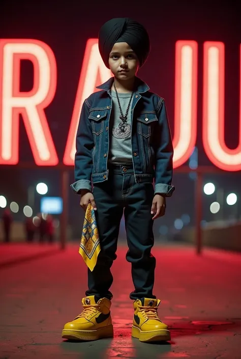 A  punjabi boy wear a black turban , big designing yellow shoes,DENIM JACKET ,HAND IN डिजाइनिंग HANDERKERCHIEF ,in a cool night ,see front camera , background lighting bold name "RAJU" 