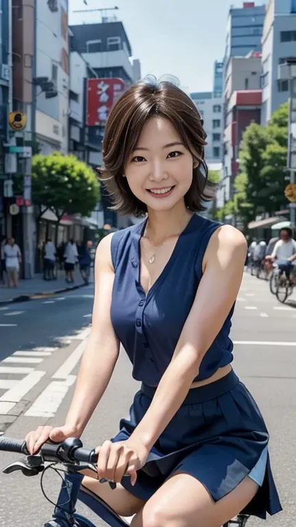 high resolution、8ｋ、high quality、Realistic、((A Japanese woman wearing a blue sleeveless shirt and a navy blue flared skirt riding a bicycle))。4 wife、Her hairstyle is a short bob、Her hair moves slightly while she rides.。 The camera angle is from the front at...