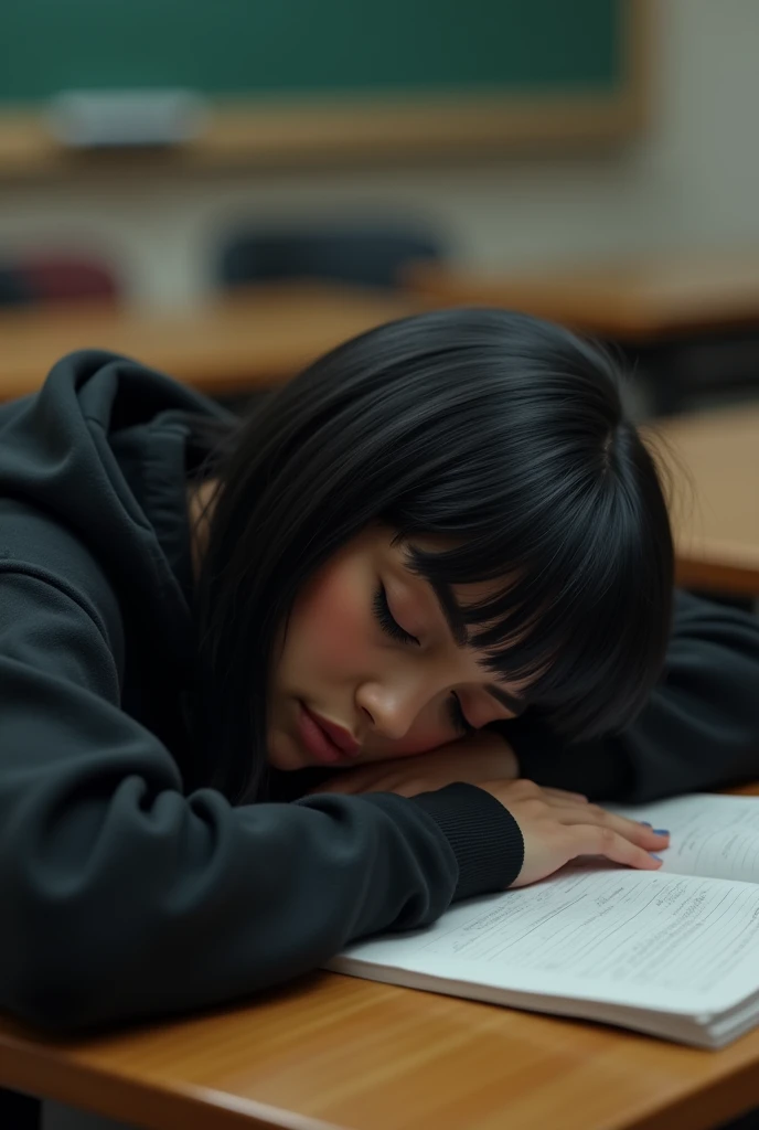 uma negra,straight black hair and bangs in black hoodie classroom sleeping with head down,realisitic