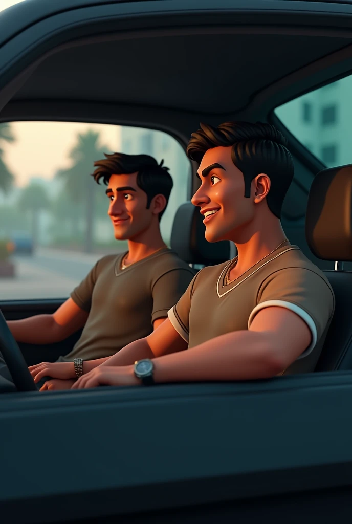 Make a animated photo of two indian guy sitting in a black car, one guy have a bulky body with medium hair and second guy is less bulky with short hair and his age is 18