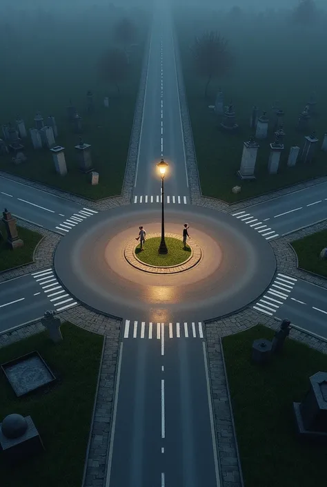 A straight road and another road runs along the middle of the road which is a junction of three roads.  There is a lamppost at the intersection of three roads.  There are cemeteries on both sides of the middle road.size9.16