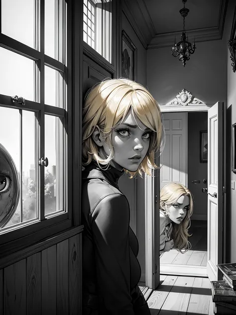 a black and white comic image of a blonde woman terrified in her house as a monster peers at her through the window