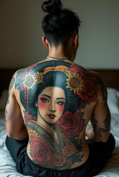 there is a man with a tattoo on his back sitting on a bed, yakuza tattoo on body, by Tadanori Yokoo, geisha tattoo, nobuyoshi araki, by Otake Chikuha, by Kanō Naizen, by Kanō Tanyū, oriental tattoos, araki, araki nobuyoshi