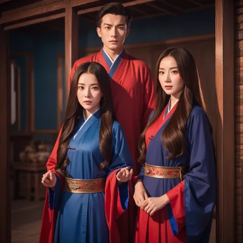 A young man and a young woman with beautiful faces and fierce expressions, dressed in the dark blue and red robes of officials from the Han Fu Dynasty.