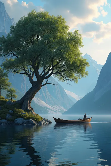 Photorealism 1.3 realistic realism high detailed high definition clear big tree on the middle of lake mountain background dusk mode  fishing boat man fishing