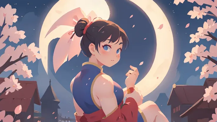 Street Fighter Chun-Li　anime　Cherry Blossoms at Night　Looking Back　moon　China dress　human　1 person 　Person big