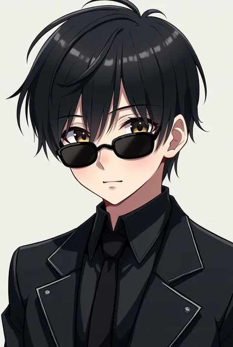 A boy wearing black jakat,a black sunglass,anime Type, black tai