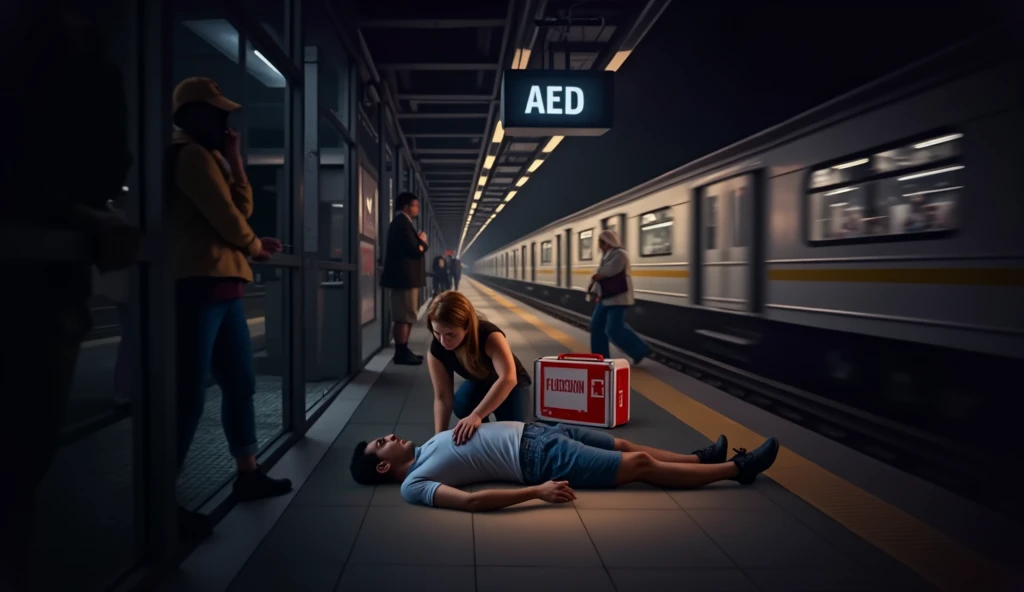 Scene at subway station，A subway train passing by in the background，Someone in front is using an AED to rescue the person lying down