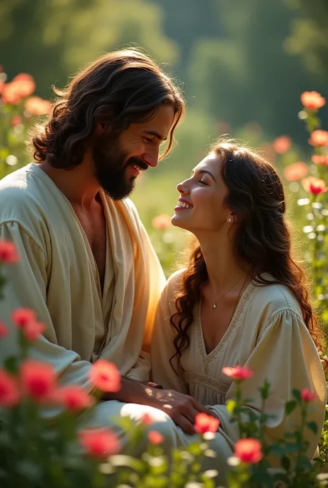 masterpiece), (highly detailed),jesus with A girl, young, beautiful, flowers, nature shot, real photography, 8K, HD