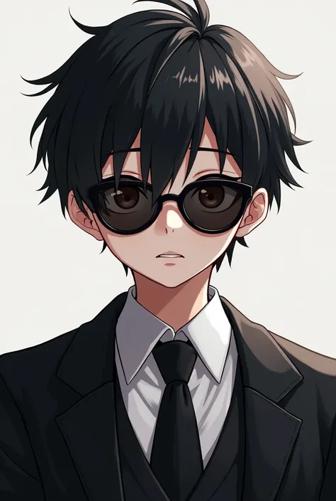 A boy wearing black jakat,a black sunglass,anime Type, black tai