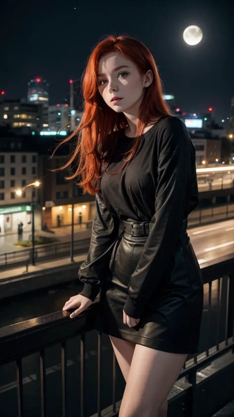 Redheaded Irish Girl, leaning on the railing of a bridge that overlooks a road to the city center, with cars passing by, on a waning moon night, and she is wearing black clothes