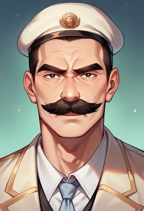 Detailed anime illustration portrait depicting:  50 year old male anime character with facial features of a mustache and thick eyebrows and on his head wearing a classic Turkish long peci hat 