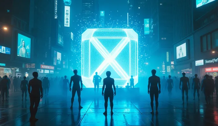 sky view to the city, a group of sci-fi group of male dancer are floating dancing above of a giant cube hologram logo with the words "UrBox" in the wide growded street, The hologram logo explodes and emits an all-encompassing blue light between cyberpunk b...