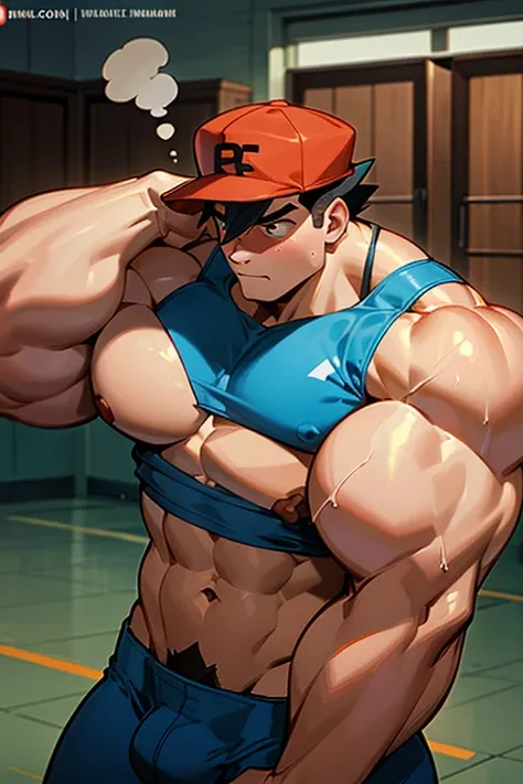 Ash Ketchum and gary Oak from Pokémon anime as a big dumb teenage muscular bodybuilder jock in a locker room flexing and staring blankly with mouth gaping open as his eyes glow under hypnosis as he repeats, "Bigger... Dumber.... Must obey.... More like a j...