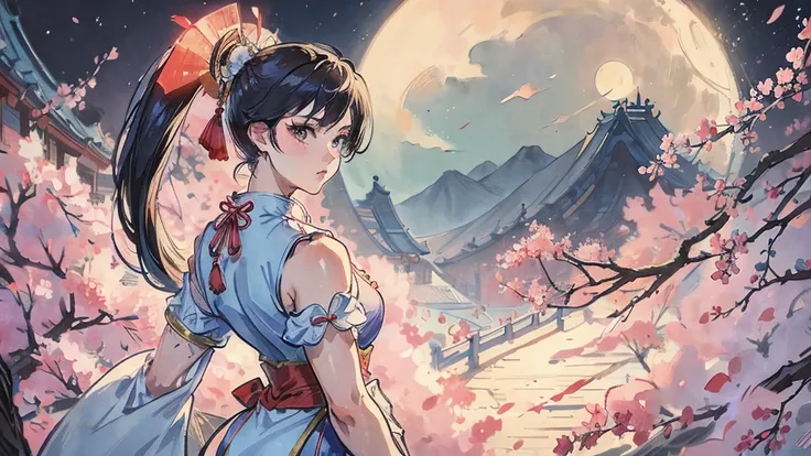 Street Fighter Chun-Li　anime　Cherry Blossoms at Night　Looking Back　moon　China dress　human　1 person 　Person big